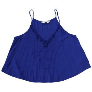 Lush Blue Floral Embroidered Sleeveless Tank Top Small Boho Festival Summer